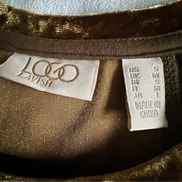 LOGO Lavish Shirt Womens Small Brown Gold Lace Velvet Tunic Scallop Hem Boho - Picture 7 of 10
